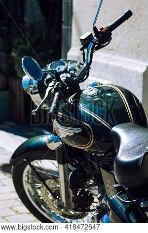 Reims France April 26, 2021 Royal Enfield 500cc Motorcycle Parked In The Streets Of Reims