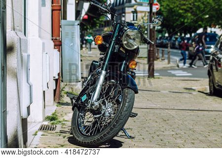 Reims France April 26, 2021 Royal Enfield 500cc Motorcycle Parked In The Streets Of Reims