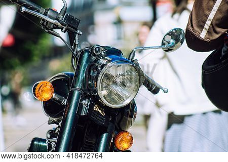 Reims France April 26, 2021 Royal Enfield 500cc Motorcycle Parked In The Streets Of Reims
