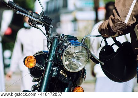 Reims France April 26, 2021 Royal Enfield 500cc Motorcycle Parked In The Streets Of Reims