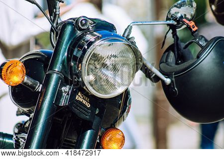Reims France April 26, 2021 Royal Enfield 500cc Motorcycle Parked In The Streets Of Reims