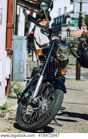 Reims France April 26, 2021 Royal Enfield 500cc Motorcycle Parked In The Streets Of Reims