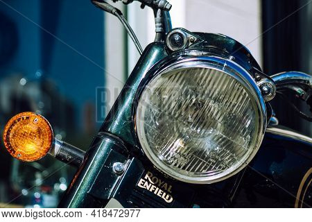 Reims France April 26, 2021 Royal Enfield 500cc Motorcycle Parked In The Streets Of Reims