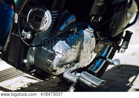 Reims France April 26, 2021 Royal Enfield 500cc Motorcycle Parked In The Streets Of Reims