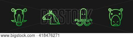 Set Line Octopus, Wild Boar Head, Horse And Hippo Hippopotamus. Gradient Color Icons. Vector