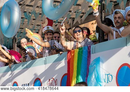 Barcelona - Spain. June 29, 2019: Gay dance clubs in Barcelona were represented by a large moving platform, the participants danced merrily and fired at the audience with water pistols