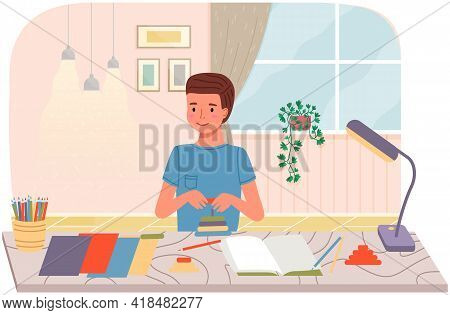 Young Male Character Doing Diy. Kid Spends Time Creatively In Apartment. Creative Pastime At Home. B