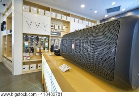 KUALA LUMPUR, MALAYSIA - CIRCA JANUARY, 2020: close up shot of JBL PartyBox 300 in Huawei Experience Store at Suria KLCC shopping mall in Kuala Lumpur.