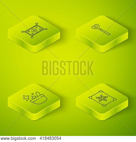 Set Isometric Line Magic Wand, Witch Cauldron, Ancient Magic Book And Carpet Icon. Vector