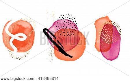 Watercolor Blobs, Siple Arrangement, Geometric Frames. Rainbow Colorful Orange Violet Contrast Backg