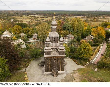 Aerial Ancient Wooden Cossacks St.george's Church In Ukrainian Village Sedniv Near Chernihiv. Archit