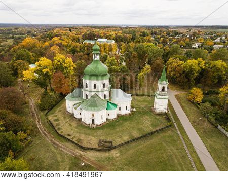 Aerial View To Provincial Village Sedniv And Church Of The Resurrection At Autumn, Chernihiv Region,