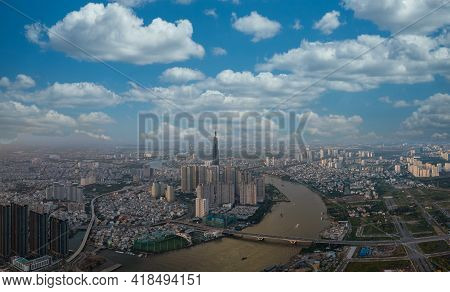 Drone View Cityscape Of Ho Chi Minh City With Beautiful Summer Sky