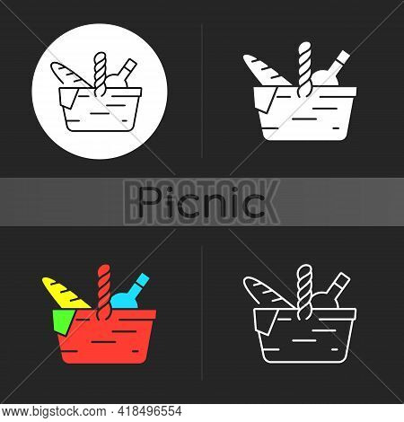 Picnic Basket Dark Theme Icon. Heaving Picnic Hamper. Holding Food And Tableware. Gathering Family F