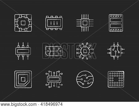 Microcircuits Chalk White Icons Set On Black Background. Designing Modern Microcomponents For Device