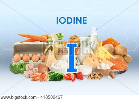 Different Products Rich In Iodine On Color Background