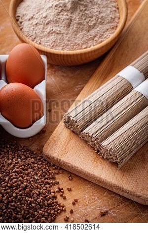 Fresh Natural Buckwheat Flour On A Wooden Rustic Background Culinary Concept