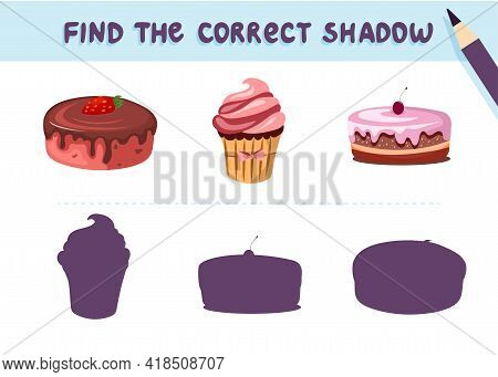 Find The Correct Shadow. Desserts. Sweet Cake And Cupkake. Educational Game For Kids. Collection Of 