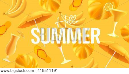 Hellow Summer Yellow Mono Color Poster With Yellow Object Like Cocktails, Sun Unbrella And Palm Leav