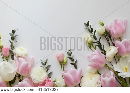 Pink And White Flowers Border Design Over The White