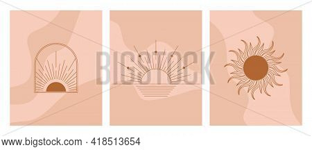 Boho Linear Sun, Arch, Arc Set Vector. Terracotta Architecture Elements In Bohemian Style. Tunisian,