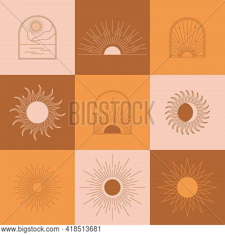 Boho Linear Sun, Arch, Arc Set Vector. Terracotta Architecture Elements In Bohemian Style. Tunisian,