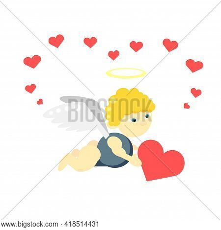 young cute angel with wings holding a heart in his hands