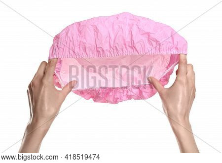 Woman Holding Pink Shower Cap On White Background, Closeup