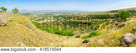 Menahamiya, Israel - April 21, 2021: Panoramic View Of The Sea Of Galilee And The Lower Jordan River