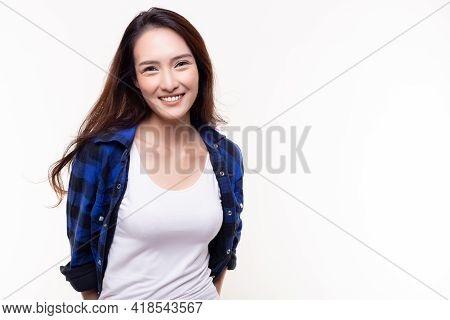 Portrait Smiling Asian Young Woman Looking At Camera Stand Over Isolated On White Background Happy F