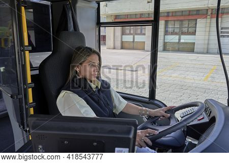 Driver Woman Working In Bus