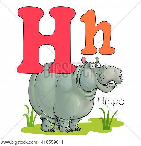 Vector Illustration. Alphabet With Animals. Large Capital Letter H With A Picture Of A Bright, Cute 
