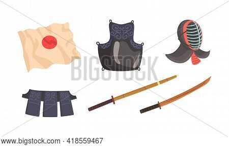 Kendo Or Sword Path Attributes As Modern Japanese Martial Art With Bamboo Swords And Helmet Vector S