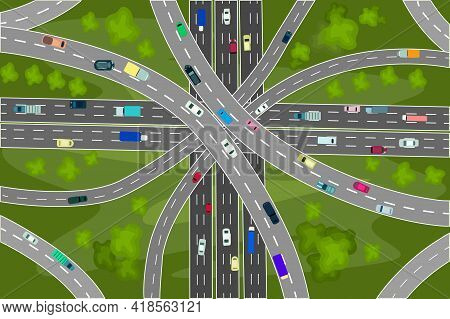 Road Junction And Bridges With Many Cars Top View. Modern Highway And Transport. Intersections And O
