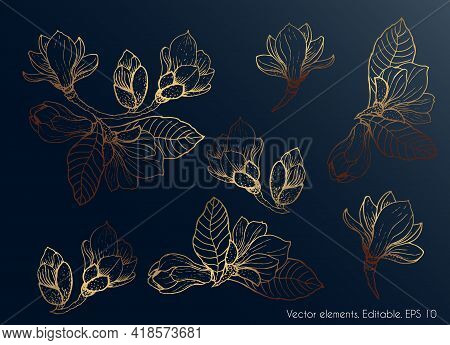 Golden Leaves. Magnolia. Set Of Golden Leaves On A Dark Glowing And Shiny Background. Vector.