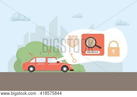 Riding Car With Security Information Vector Flat Illustration. Car Alarm System With Different Acces