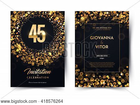 45th Years Birthday Vector Black Paper Luxury Invitation Double Card. Forty Five Years Wedding Anniv