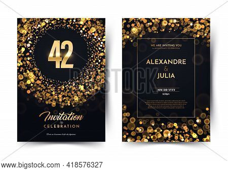 42nd Years Birthday Vector Black Paper Luxury Invitation Double Card. Forty Two Years Wedding Annive