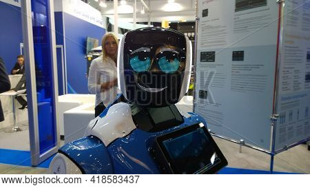 St. Petersburg, Russia - October, 2019: Service Humanoid Robot For Business In Exhibition. Artificia