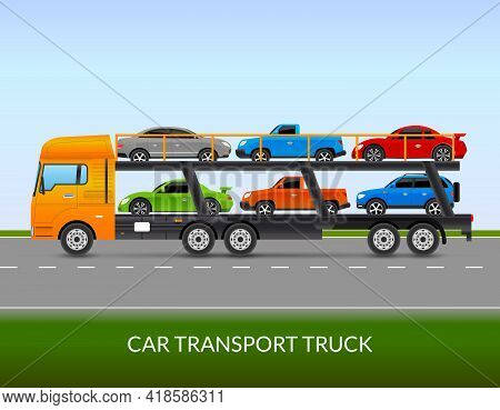 Car Transport Truck On The Road With Different Types Of Cars Flat Vector Illustration