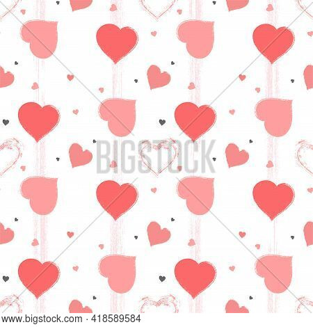 Pattern With Watercolor Hearts And Grunge Elements On A White Background. For Valentine Day Design.