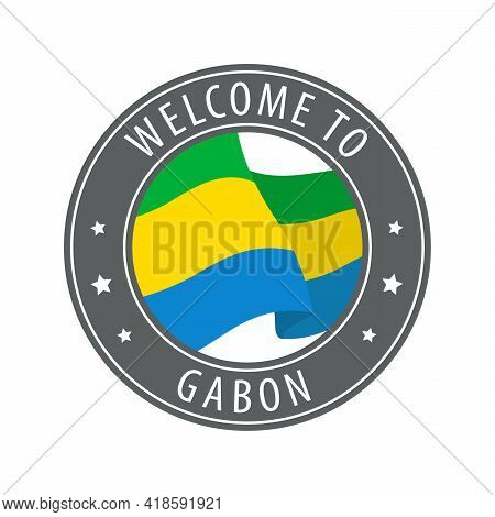 Welcome To Gabon. Gray Stamp With A Waving Country Flag. Collection Of Welcome Icons.