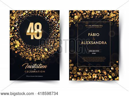 48th Years Birthday Vector Black Paper Luxury Invitation Double Card. Forty Eight Years Wedding Anni