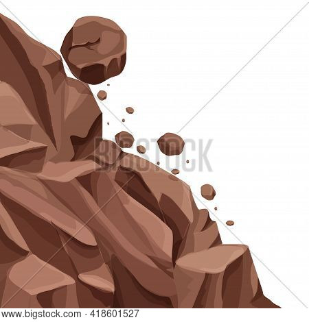 Mountain Landslide With Falling Rocks, Stones In Cartoon Flat Style Isolated On White Background. Na