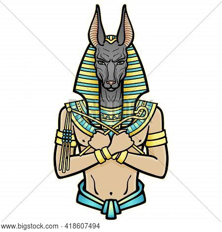 Animation Portrait Egyptian God Anubis With Crossed Hands Holds Symbols Of Power. God Of Death. Vect