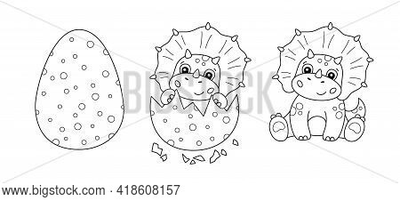 Dinosaur Egg And Cute Little Dinosaur For Kid Coloring Book. Baby Triceratops. Children Puzzle Game.