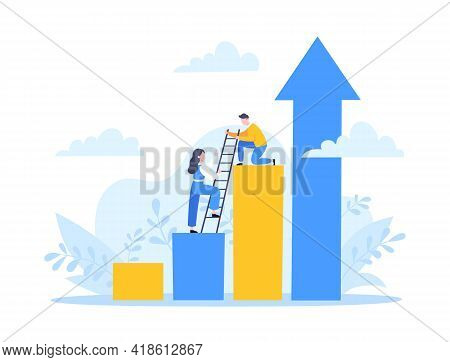 Business Mentor Helps To Improve Career And Holding Stairs Steps Vector Illustration. Mentorship, Up