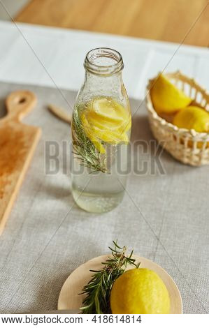Glass Bottle Detox Healthy Water With Lemon And Rosemary