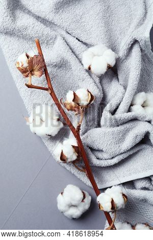 Cotton Plant Branch And Towel On Gray Background