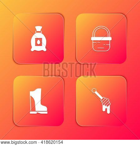 Set Pack Full Of Seeds Of Plant, Basket, Waterproof Rubber Boot And Honey Dipper Stick Icon. Vector